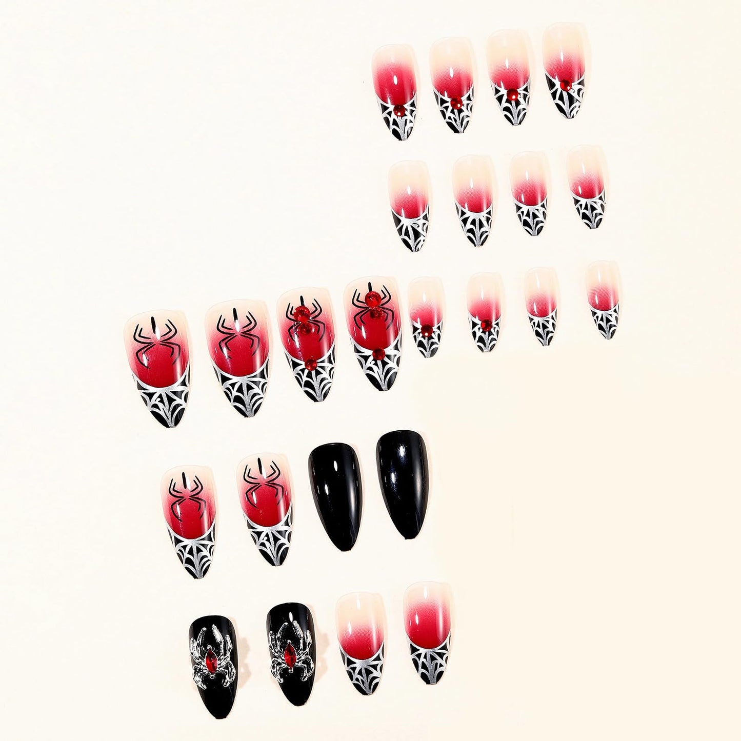 MISUD Press on Nails - Medium Stiletto Glue on Nails with Goth Red Black, Acrylic Gothic Spider Design 24 pcs