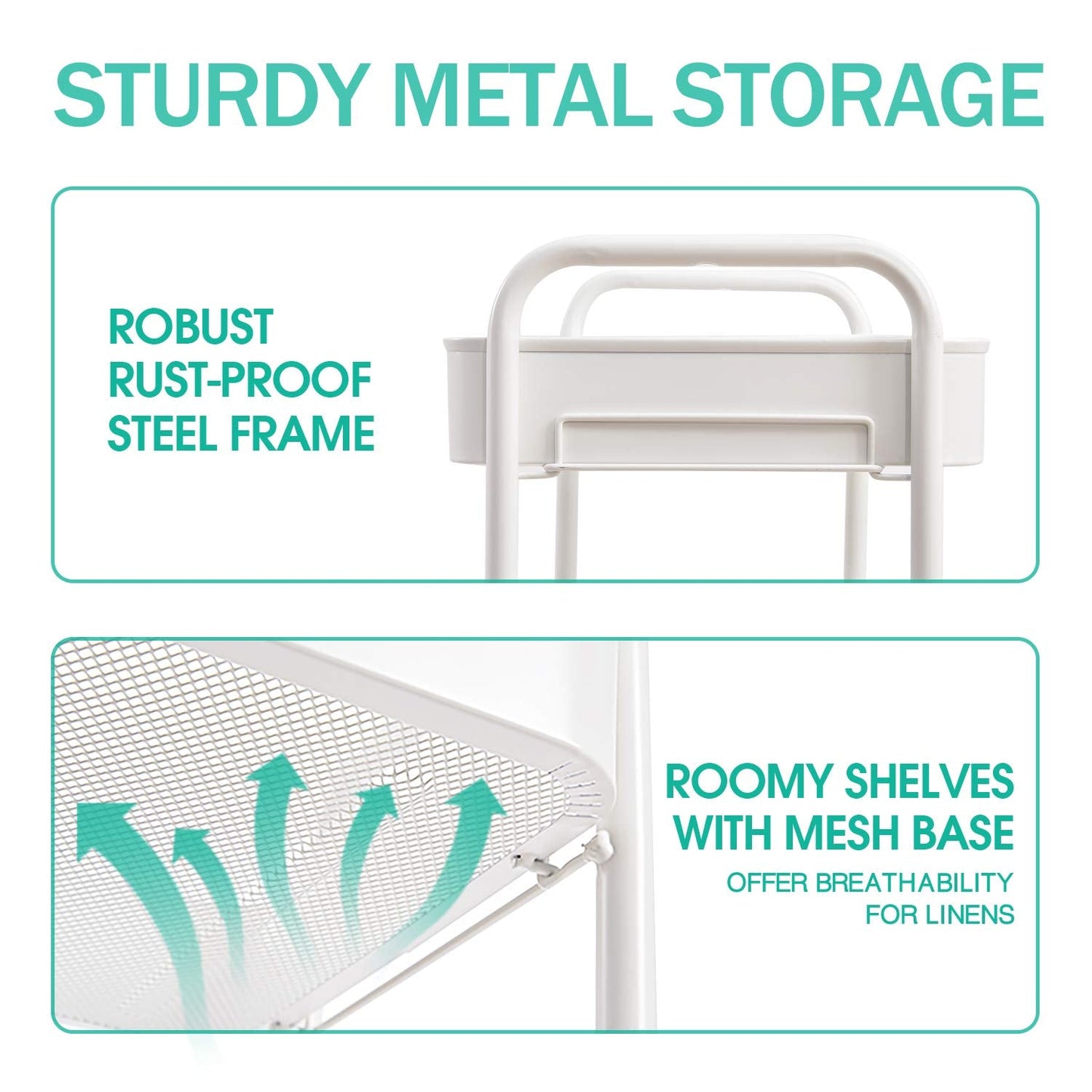 TOOLF 3-Tier Rolling Cart - Metal Utility Storage Organizer with Lockable Wheels, 33 lbs Per Shelf, Tool-Free 5-Min Assembly, for Kitchen Bathroom Office Nursery Craft Room, White