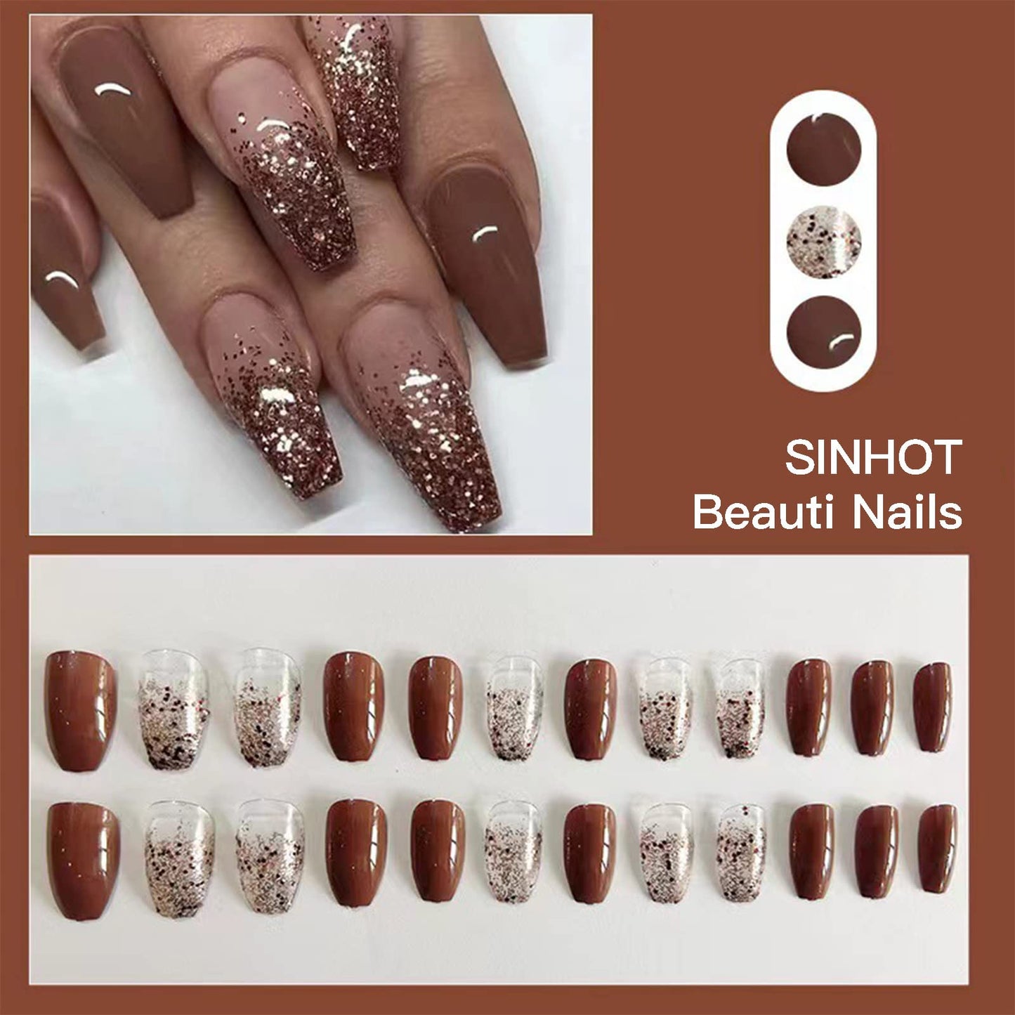 SINHOT Coffin Press on Nails Medium Ballerina Glossy Glue on Nails Brown Gradient Acrylic False Nails Designs 24 pcs