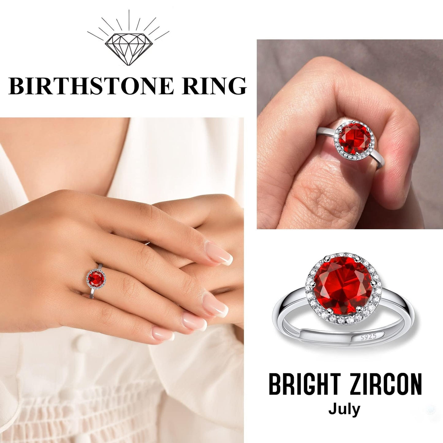 Bestyle 925 Sterling Silver Love Round Cut Gemstone Shiny Cubic Zirconia Rings, Brilliant Created July Ruby CZ Birthstone Rings for Women, Promise/Statement Ring Great Jewelry Gift