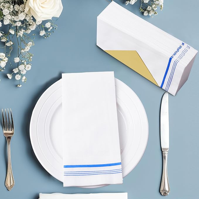 100 Disposable Paper Hand Towels for Bathroom, Linen Feel Guest Towels, Soft and Absorbent Paper Towels Napkins Bulk for Home Dinner Kitchen Wedding, 12" x 17"(Blue Trim Lined)