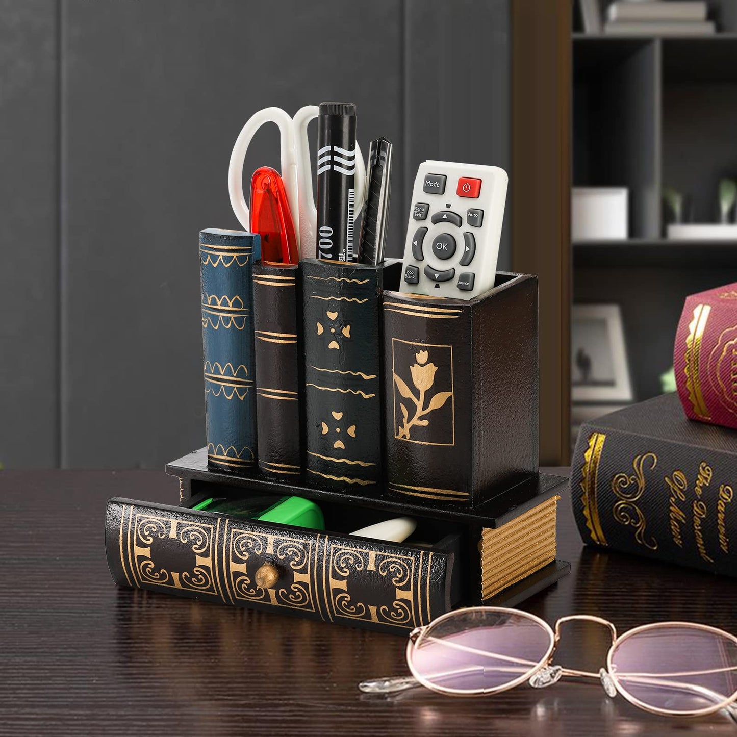Tosnail Decorative Pen Holder with Storage Drawer, Wooden Pencil Holder Organizer, Antique Library Books Design Pen Cup Caddy, Desk Organizer for Office Supplies, Countertop, Desk, Table Accessory