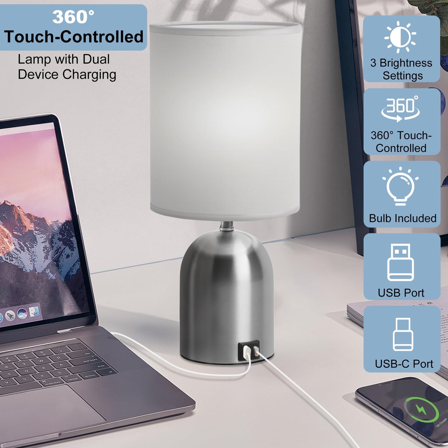 Fttoyoly Bedside Table Lamp for Bedroom, 3 Way Dimmable Touch Small Desk Lamp for Office with USB Charging Port Lamps for Living Room, Bedroom, Reading Room, Office, Grey/Sliver, Silver