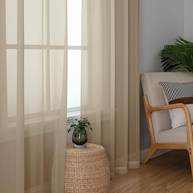 Chyhomenyc Taupe Sheer Curtains 54 Inch Long 2 Panels, Light Filtering Rod Pocket Voile Short Curtains Drapes for Living Room Bedroom Small Windows, 42Wx54L Inches