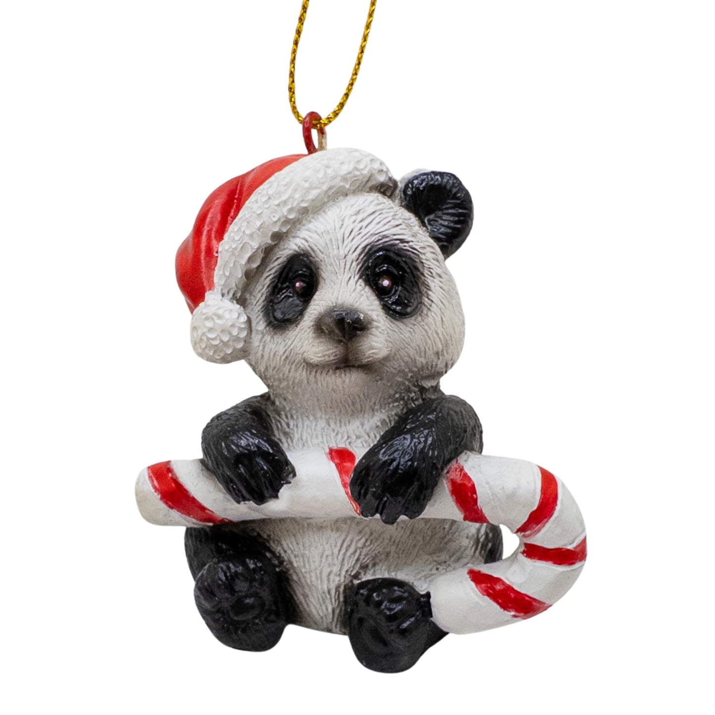 Panda Bear Holding Candy Cane Wearing Santa Hat Christmas Tree Ornament