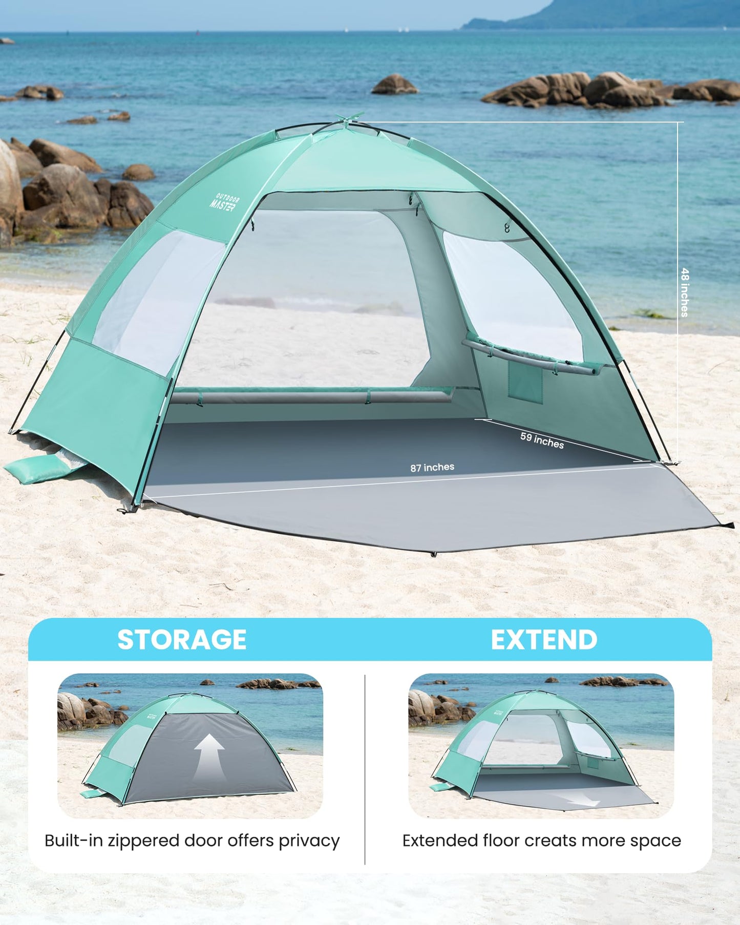 OutdoorMaster Beach Tent for 3/4 Person - Easy Setup Sun Shade Shelter, Portable Beach Shade Sun Canopy with UPF 50+ UV Protection, Removable Skylight Family Size - 3 Person Green