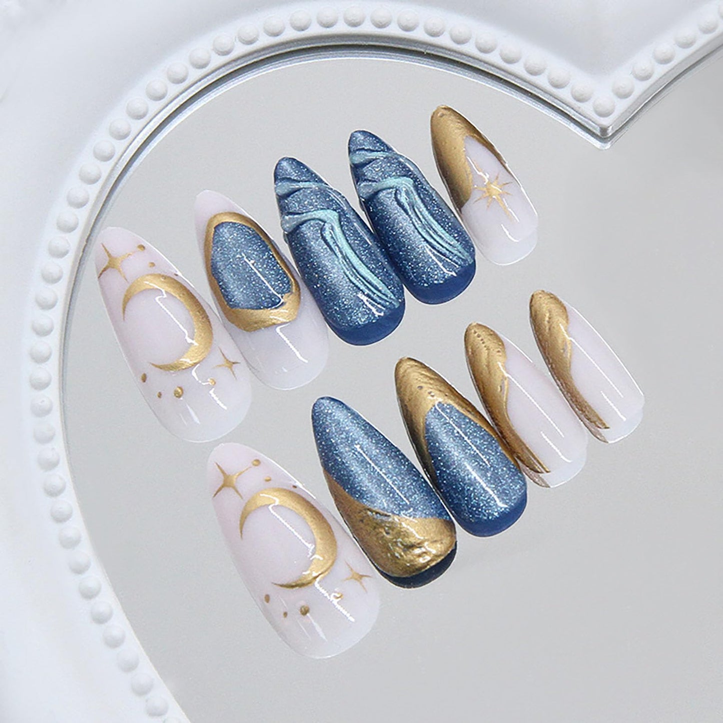 RUOKEXIN Almond Press on Nails Medium Fake Nails Blue Cat Eye False Nails with 3D Gold Designs Spring Summer Nail Press ons Sparkly Artificial Nails for Women 24Pcs