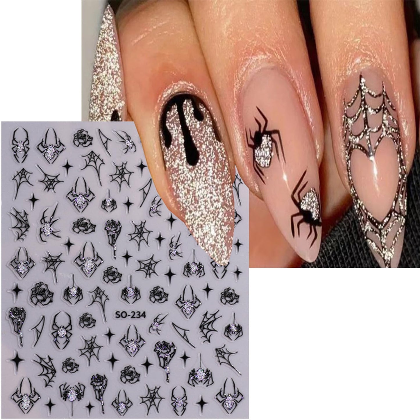 6 Sheets Halloween Nail Art Stickers Decals 3D Self-Adhesive Spider Web Nail Stickers Spider Ghost Pumpkin Red Blood Lips Designs Halloween Nail Decals Supplies for Women Nail Art Decorations Charms
