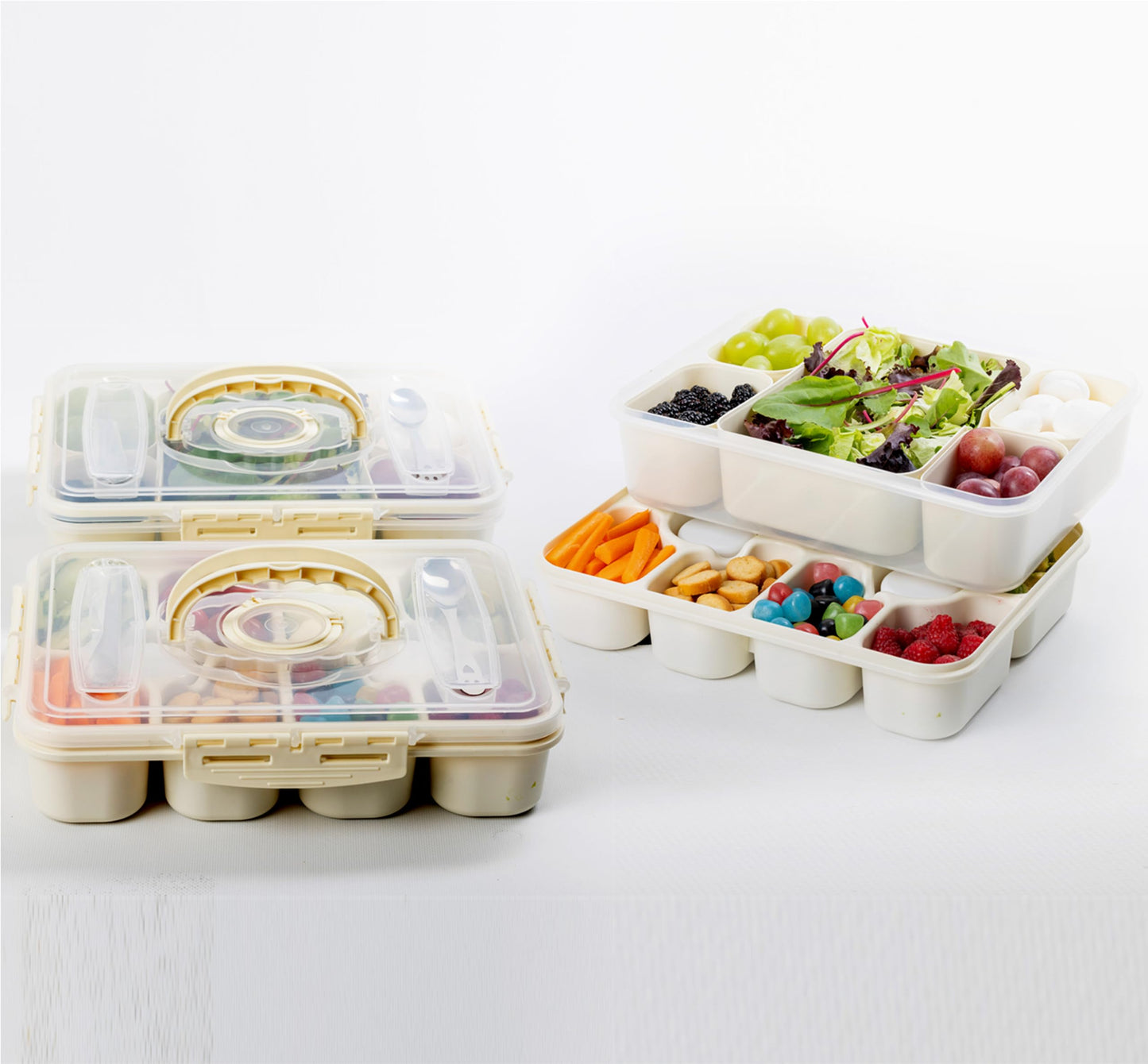 Snackle Box Container with Multi Compartments & Rotary Date Dial - Divided Serving Tray with Lid & Handle -Snack Organizer for Travel, veggies, Nut, fruit, Picnic & party - Dishwasher &Microwave safe