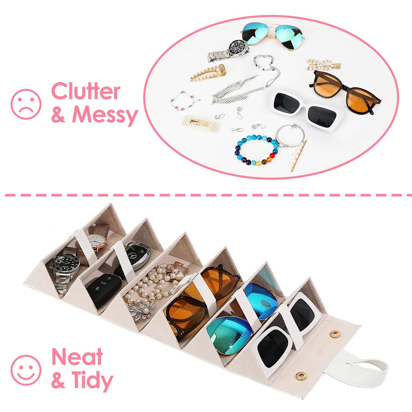 MoKo Sunglasses Organizer with 6 Slots, Foldable Travel Glasses Storage Case Holder Eyewear Display Box, Beige