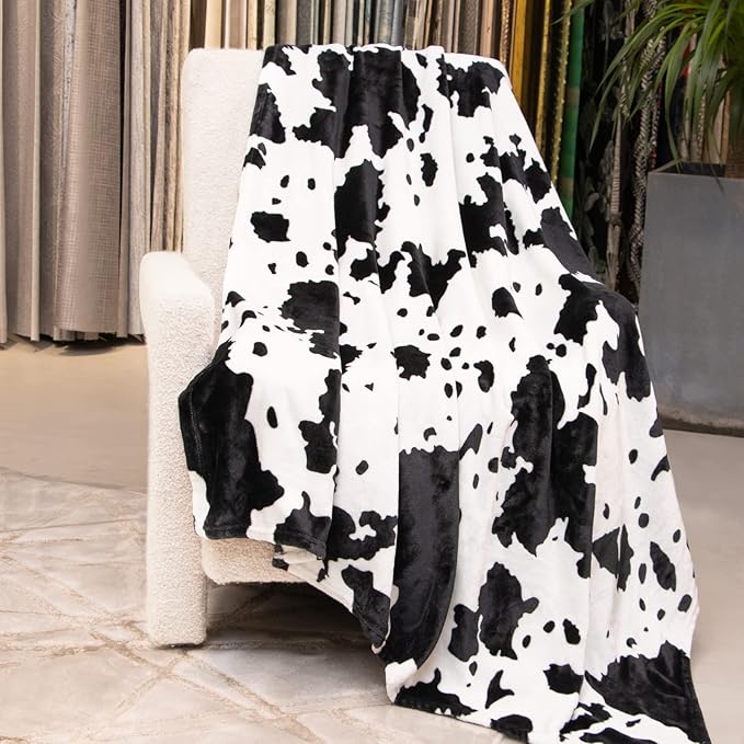 Cow Print Blanket for Kids - 40"x50" Cute Lightweight Fuzzy Fleece Throw for Girls, Nursery Decor - Black White Plush Birthday Gifts for Kids Boys