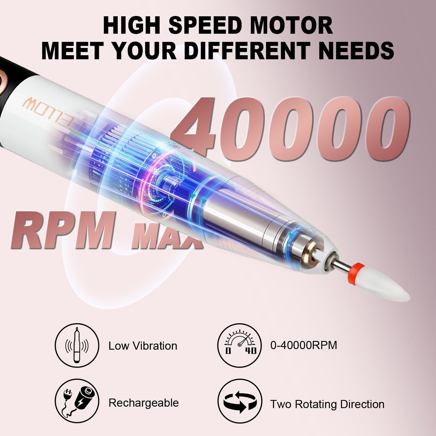YOKE FELLOW Electric Nail Drill - 40000 RPM Protable Electric Nail File for Acrylic Cordless Nail Drill Professional with 17 Drill Bits for Nail Salon(YK-111Pro)
