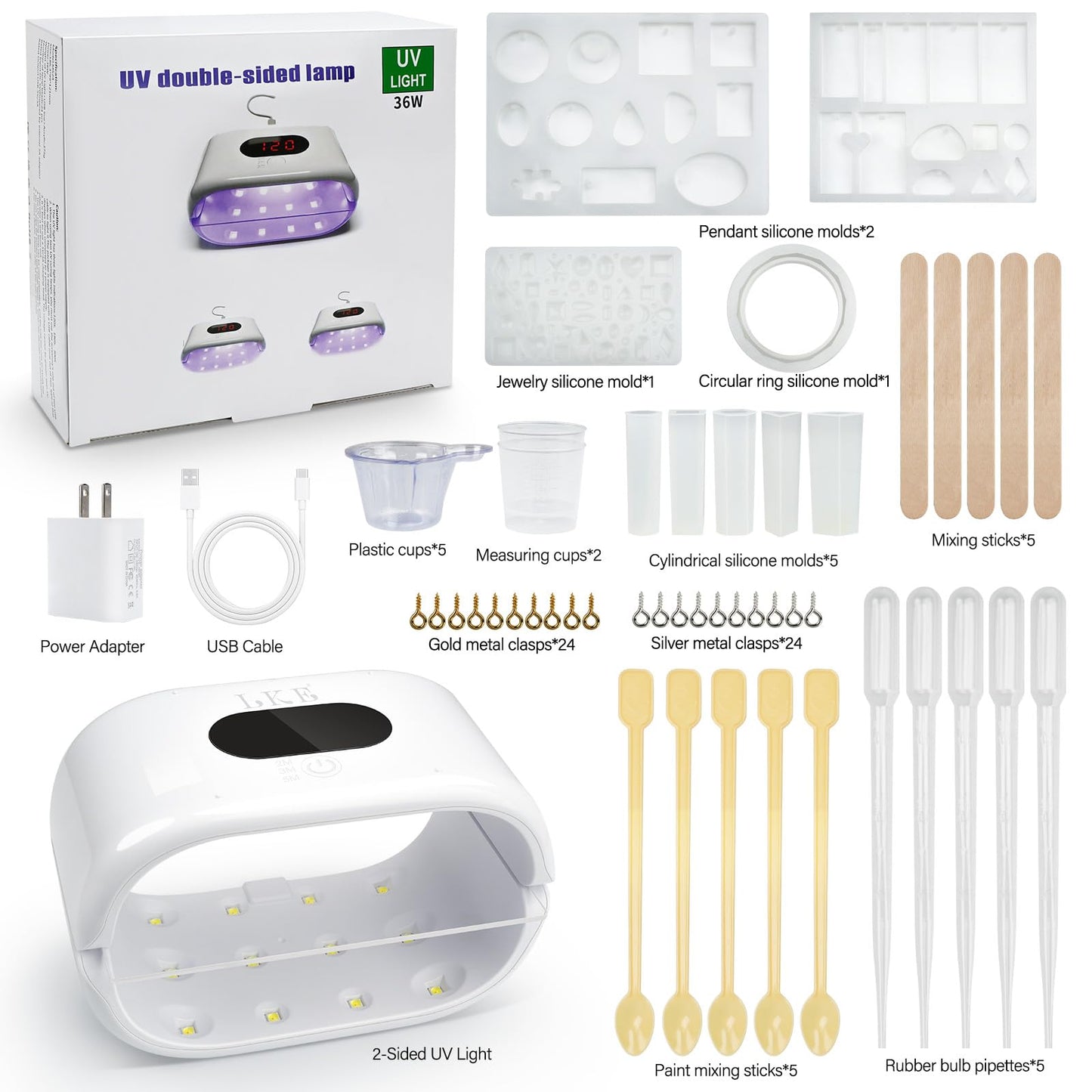 UV Light for Resin, 36W 24 LED Double-Sided UV Curing Lamp with Power Adapter, Fast Curing with 3 Timers, Jewelry Making Kit –9 Silicone Molds, 48 Metal Clasps, 5 Pipettes & Tools Set for DIY Crafts