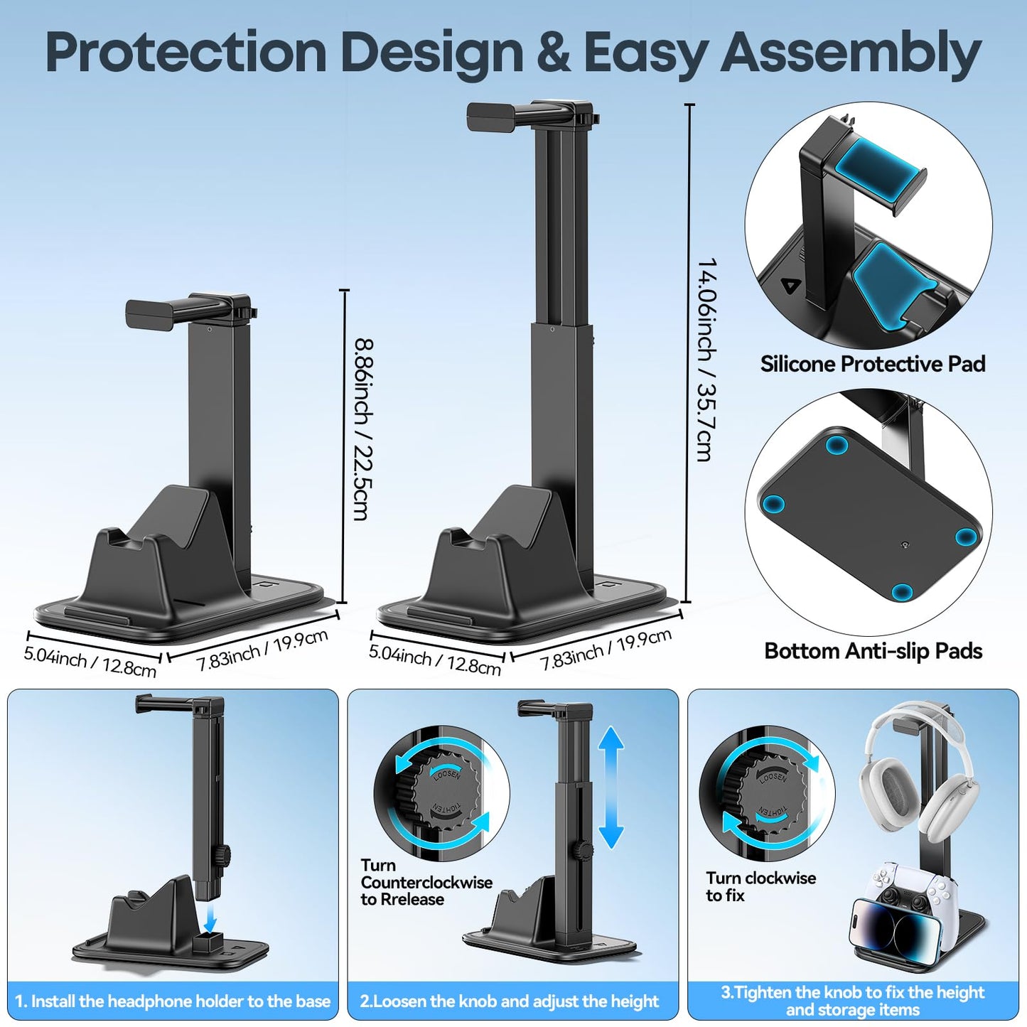 Gaming Headset & Controller Stand, Rotating Headphone Storage with Controller & Phone Holder, Game Desk Storage with Cable Organizer for PS5/PS4/XBOX PC Gamer Essentials Organizer Gift Accessories
