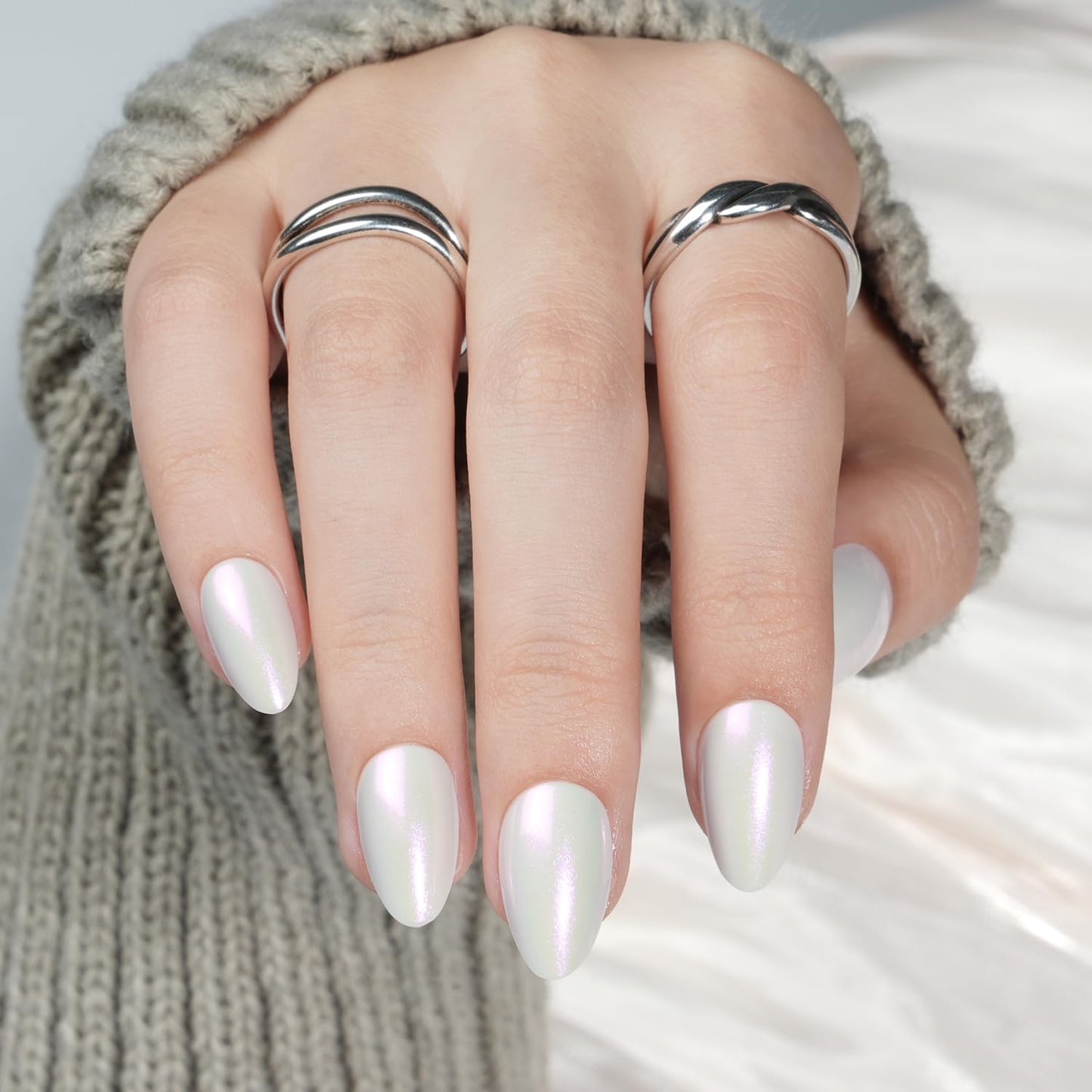 White Press On Nails Almond - White Almond Fake Nails, Short Press On Nails Chrome Reusable Stick On Nails in 16 Sizes, 32pcs False Nail Kit for Women & Girls(Pearl Whisper)