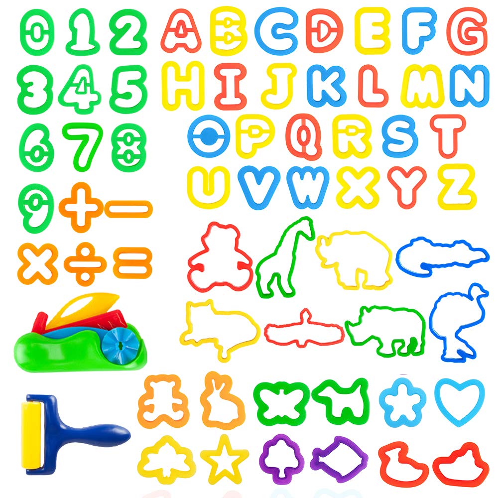 Kids Letter Molds Tools Set，Numeral Various Plastic Animal Molds for Creative Cutting (63 Pieces)