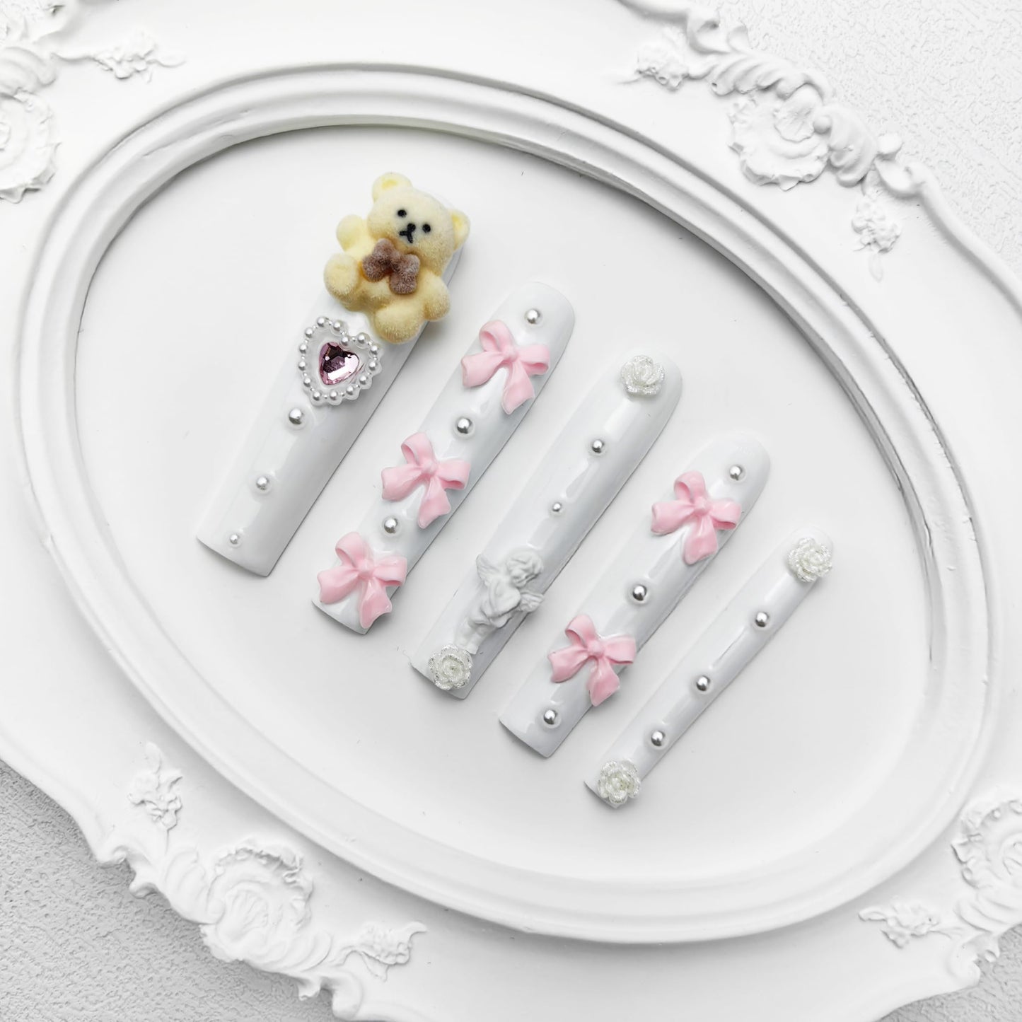 GGddsha 2025 White Long Nails with Cute Bear Rose Bow Design, Reusable PMMA Acrylic Handmade Nails Full Deluxe 3D Fake Nails with Pearls w/Box Ladies Gift (White, Medium)