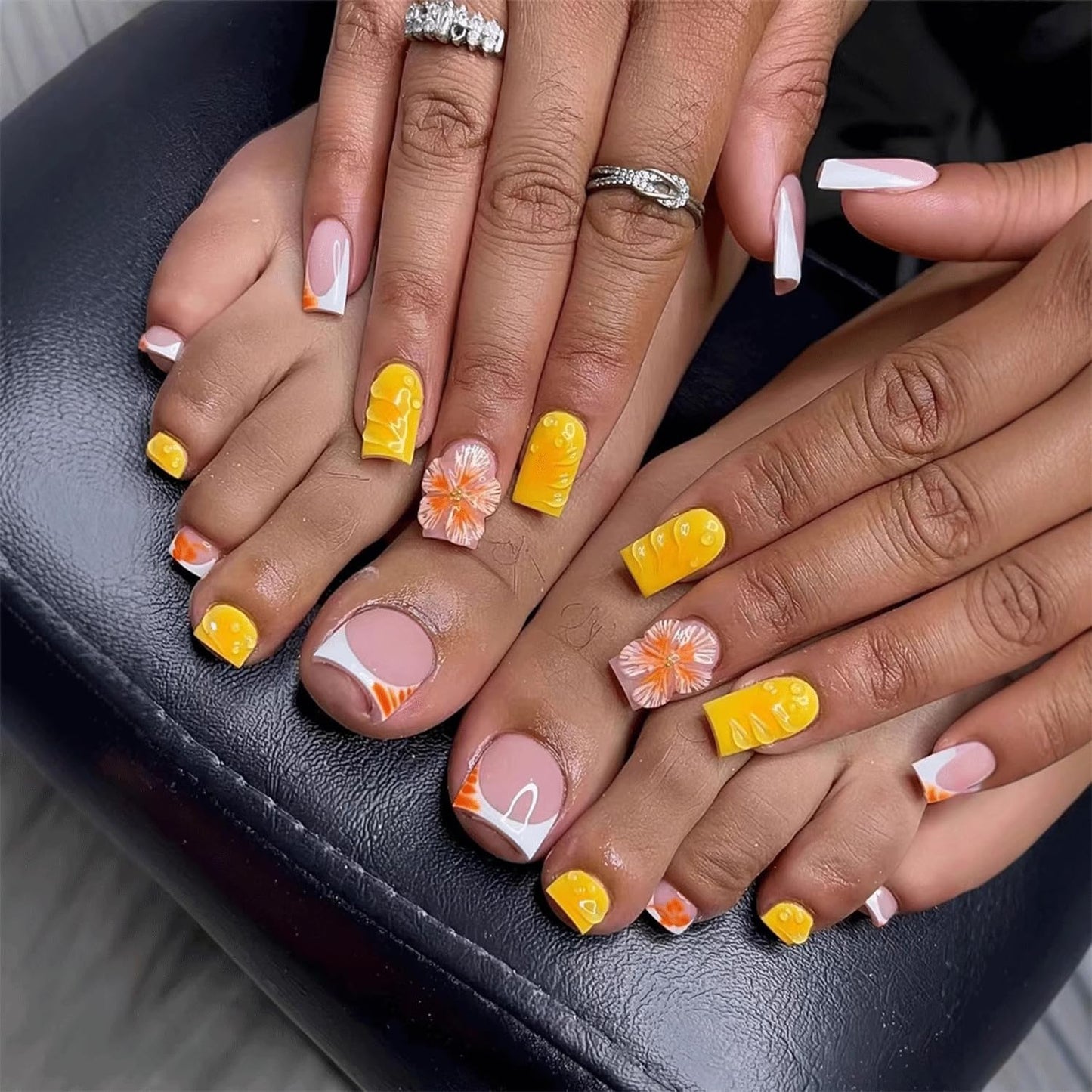 3D flower Press On Nails Short Square & Press On Toenails Set Yellow Fake Nails French Tip Acrylic Nails Kit Spring Nails Press Ons glossy Stick On Toenails For Women Girls Manicure 48 Pcs