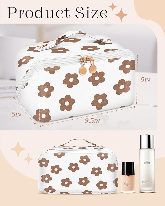 Bistup Makeup Bag Travel Cosmetic Bag Toiletry Make Up Bags Cute Women Large Capacity Big Medium Leather White Flower Girl Teen Teenage Square Foldable Expandable Open Flat Zip