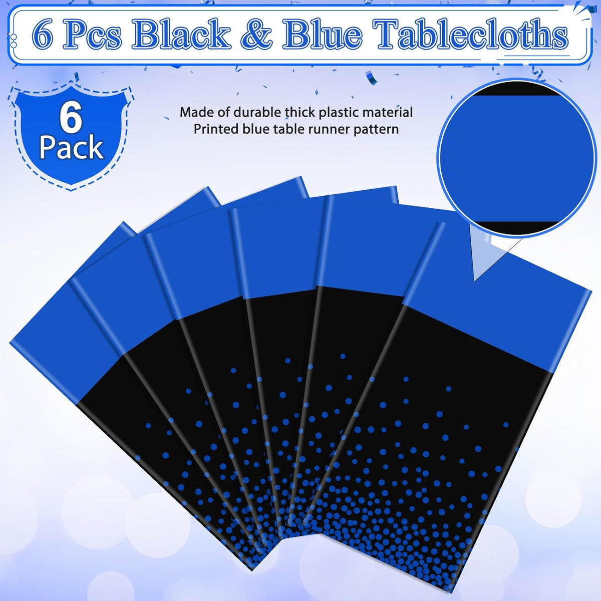MASHAN 6Pcs Black and Blue Tablecloth Party Decorations,Plastic Black Table Cloth Printed Blue Runner Disposable Rectangle Table Cover for Birthday Wedding Anniversary Graduation Party,54 x108 Inch
