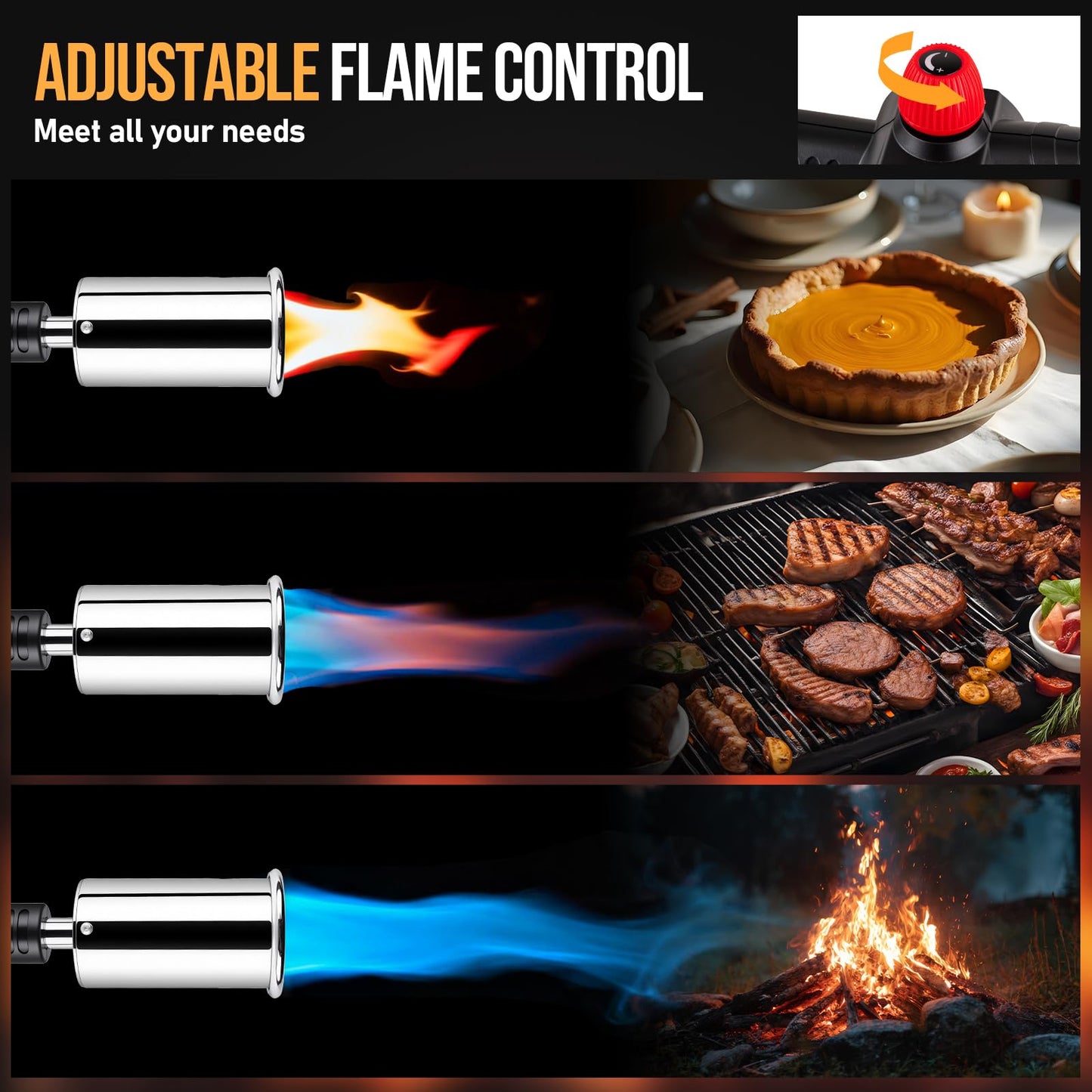 Propane Torch, Adjustable Culinary Torch for Kitchen Cooking, Sous Vide Searing, BBQ Grilling, Campfire Starter, Safety-Designed Torch Burner with Heat-Resistant Shield (Tank Not Included)