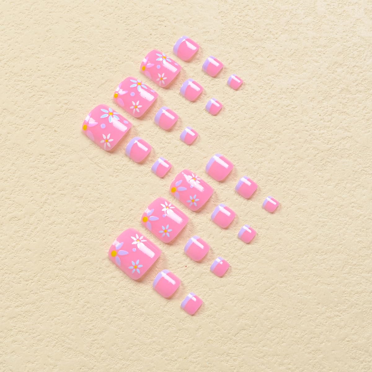 Flower Press on Pink French Tips Fake Toenails - Short Square Toe Nails, Cute Floral Glossy Toe Nails - Full Cover Glue on Summer Artificial Acrylic False Toenails for Women - 24Pcs