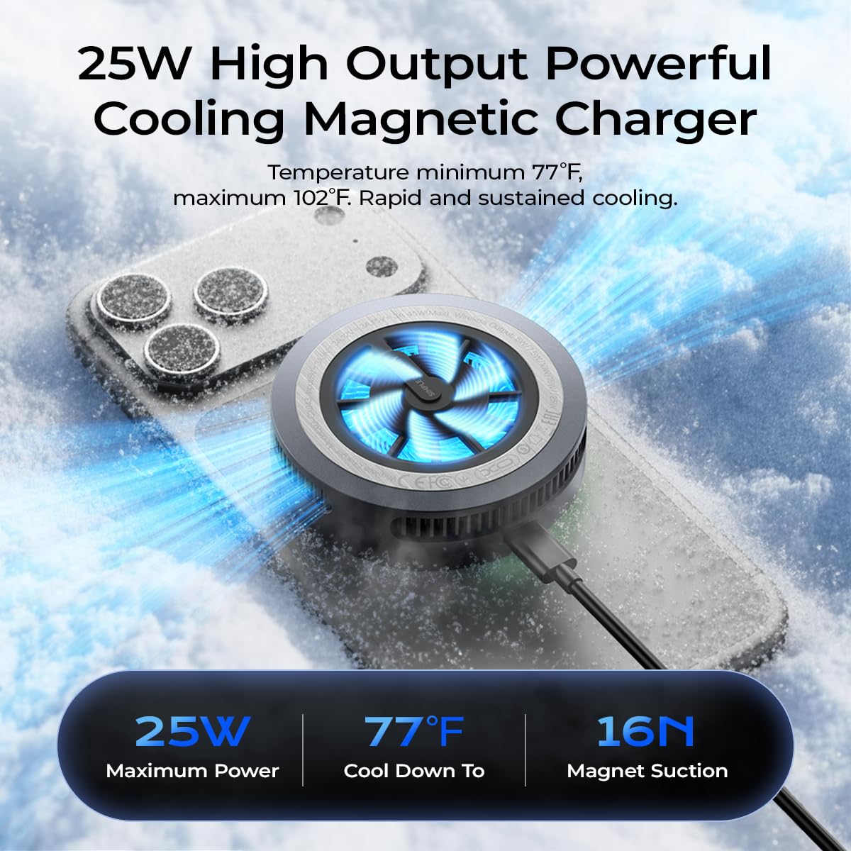 Qi2.2 Wireless Charger【25W Fast Charging+Instant Cooling】 Magnetic Charger Pad with Cooling Fan,LED Light Phone Holder Fast Charging Compatible with iphone17/16/15/14/13/12 Series