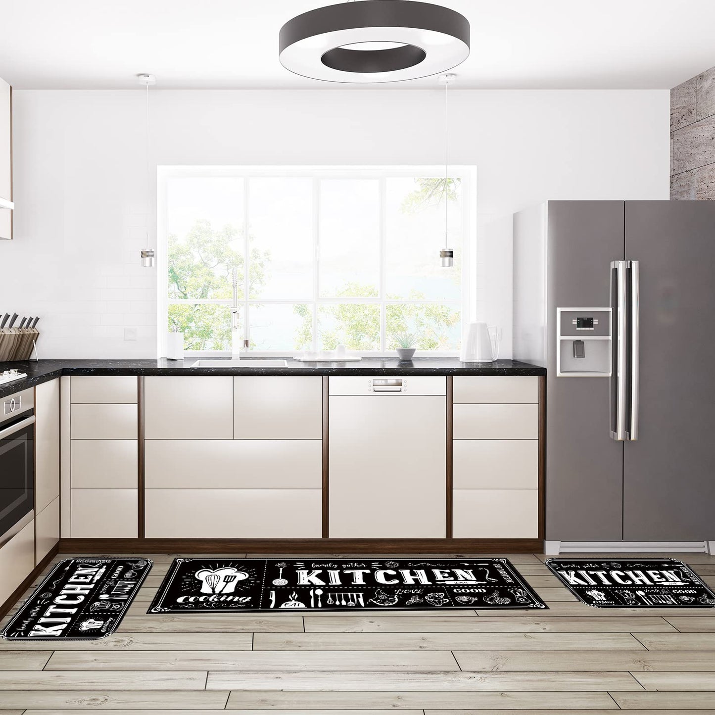 Sinmoe 3 Pcs Kitchen Rug Set Non Skid Thick Black Kitchen Rugs and Mats Stain Resistant Anti Fatigue Mats for Microfiber Floor Non Slip Backing Mat, 15.7" x 47.2", 15.7" x 23.6"