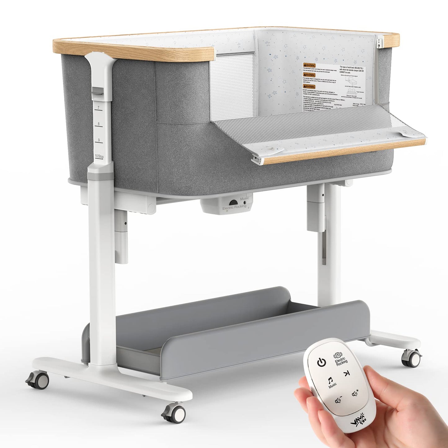 VaVaSoo Electric Rocking Bassinet for Baby 3 Speeds Auto Rolling Newborn Cradle Automatic Bedside Sleeper Rocks Itself 5 Height Adjustable with Music, Wheels, Storage, Light Grey