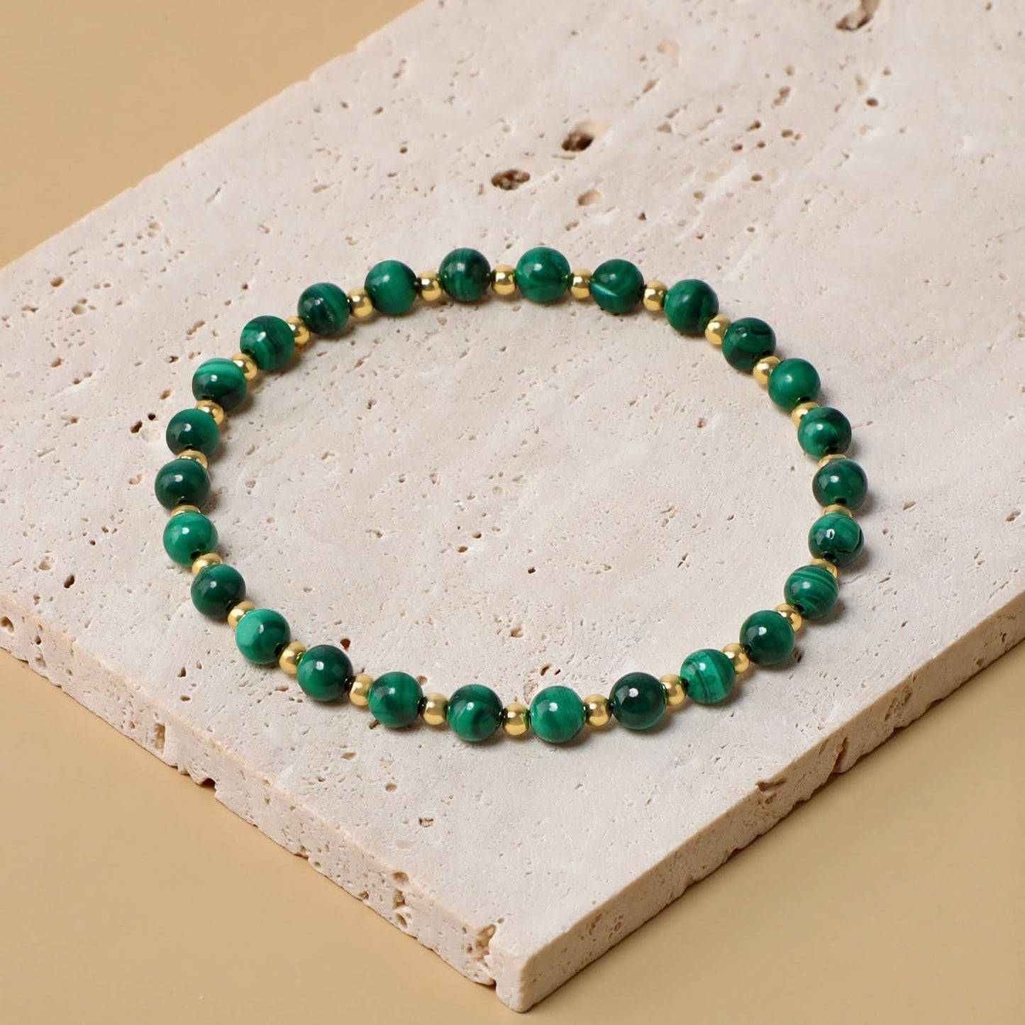 QOGIR Malachite - Transformation - 14K Gold Plated Beads Natural Gemstone Stretch Elastic Dainty Healing Beaded Bracelets Gifts 4mm