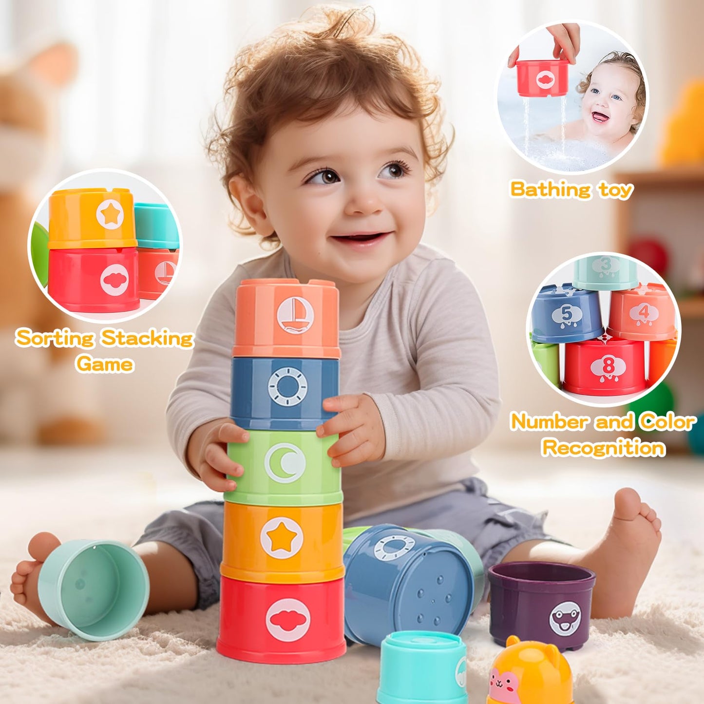 KADAYAYA Montessori Baby Toy for 18 Months, Teether Rattle Tissue Box Pull String Crab Toy, Infant Sensory Toys Shape Storage Bin,Stacking Cup Toy Gift for Toddlers Boys Girls 1 2 3 Year Old