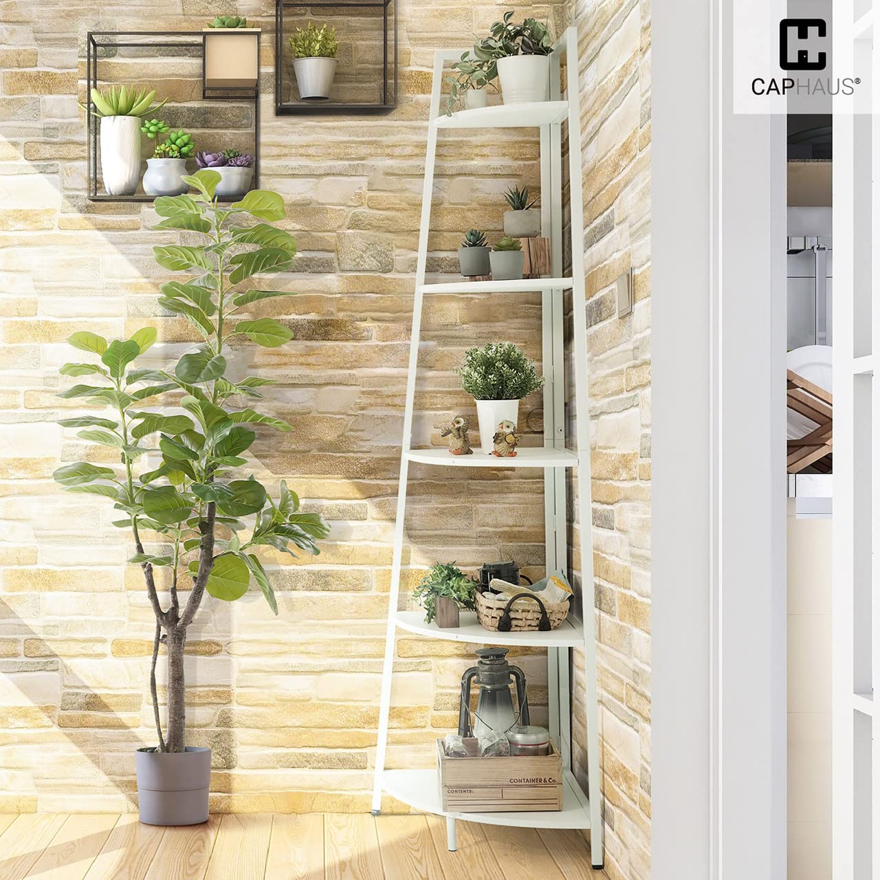 CAPHAUS Tall Corner Shelf Stand, 5-Tier Display Shelves, Ladder Corner Wood Storage Plant Bookshelf with Metal Frame, Versatile Shelving Unit Bookcase for Home Office Space, White