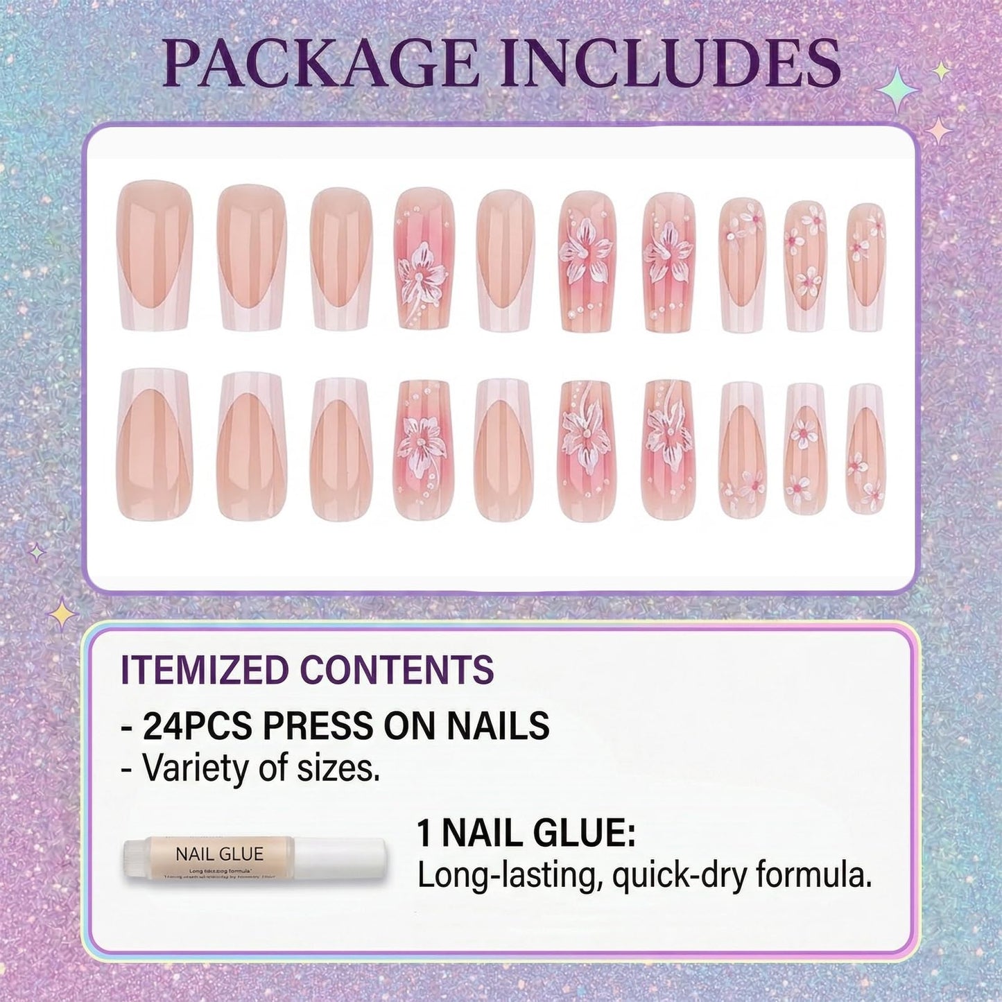 IMSOHOT Square Press on Nails, Long Fake Nails, Pink Blush White Floral French Tip, 24 Pcs Reusable Glue on Nails for Women, Salon Quality