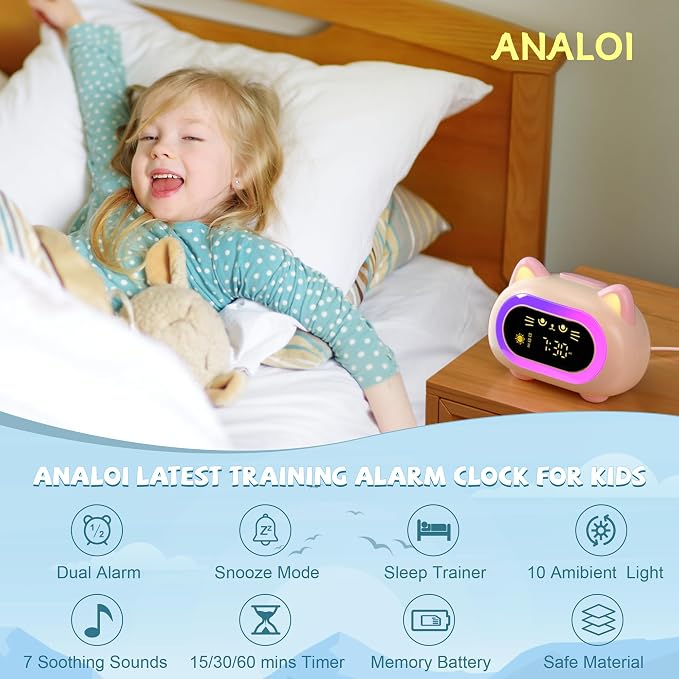 ANALOI Alarm Clock for Kids, Kids Alarm Clocks for Girls with Sleep Training Dual Alarm Eye Protection Auto Off Timer 10 Color Night Light, Cat Ok to Wake Clock, Gifts for Kids Girls