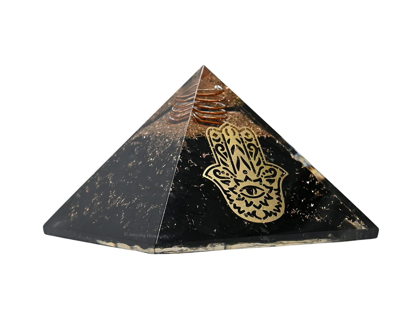 Amazing Gemstone Large Black Tourmaline Orgone Pyramid Crystal, Hamsa Hand Evil Eye Orgonite Pyramid, Positive Energy Healing