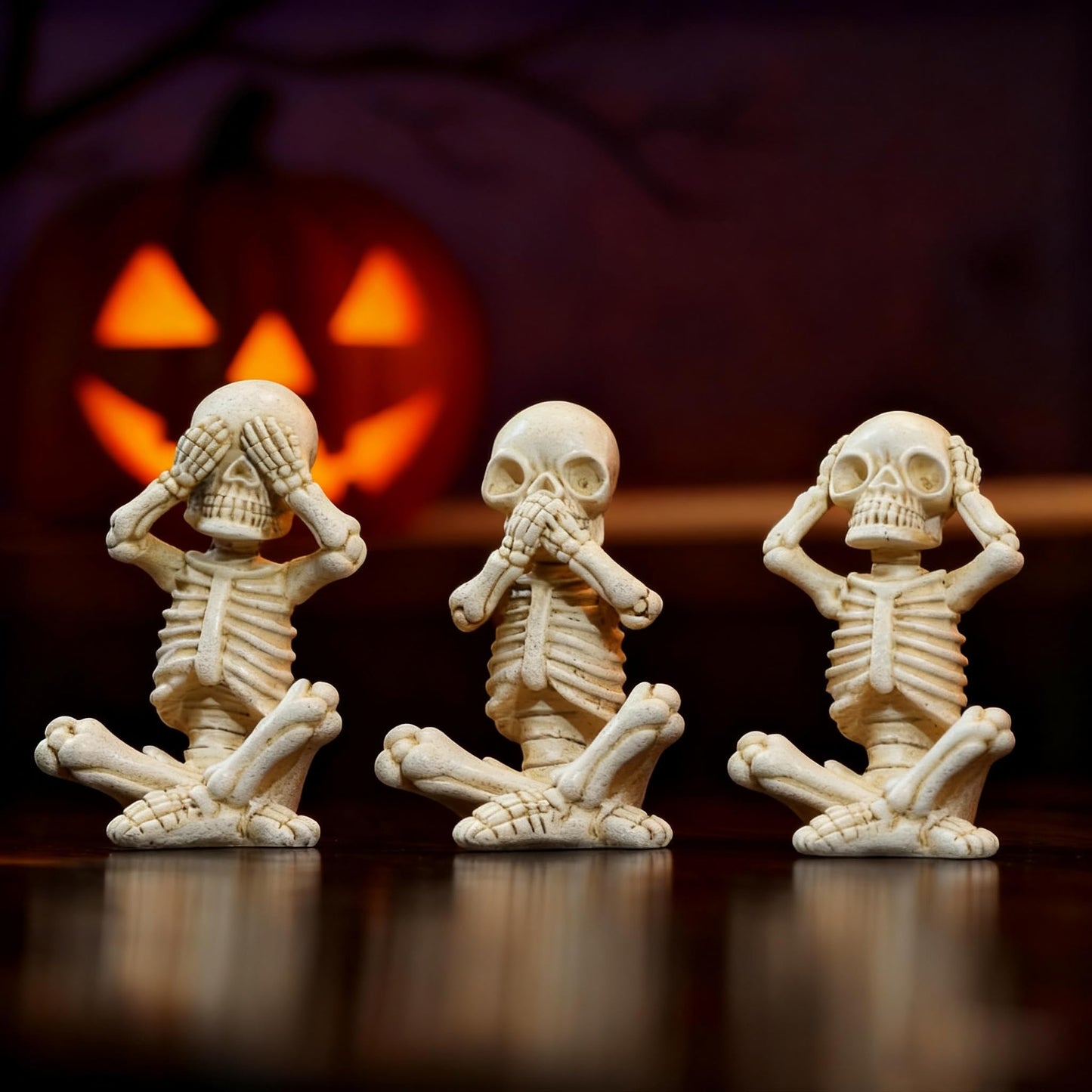 OwMell Set of 3 Skeletons Statue, Yoga Skull Figurine, Hear See Speak No Evil Statue Figurine, Halloween Gothic Home Decor - No Evil