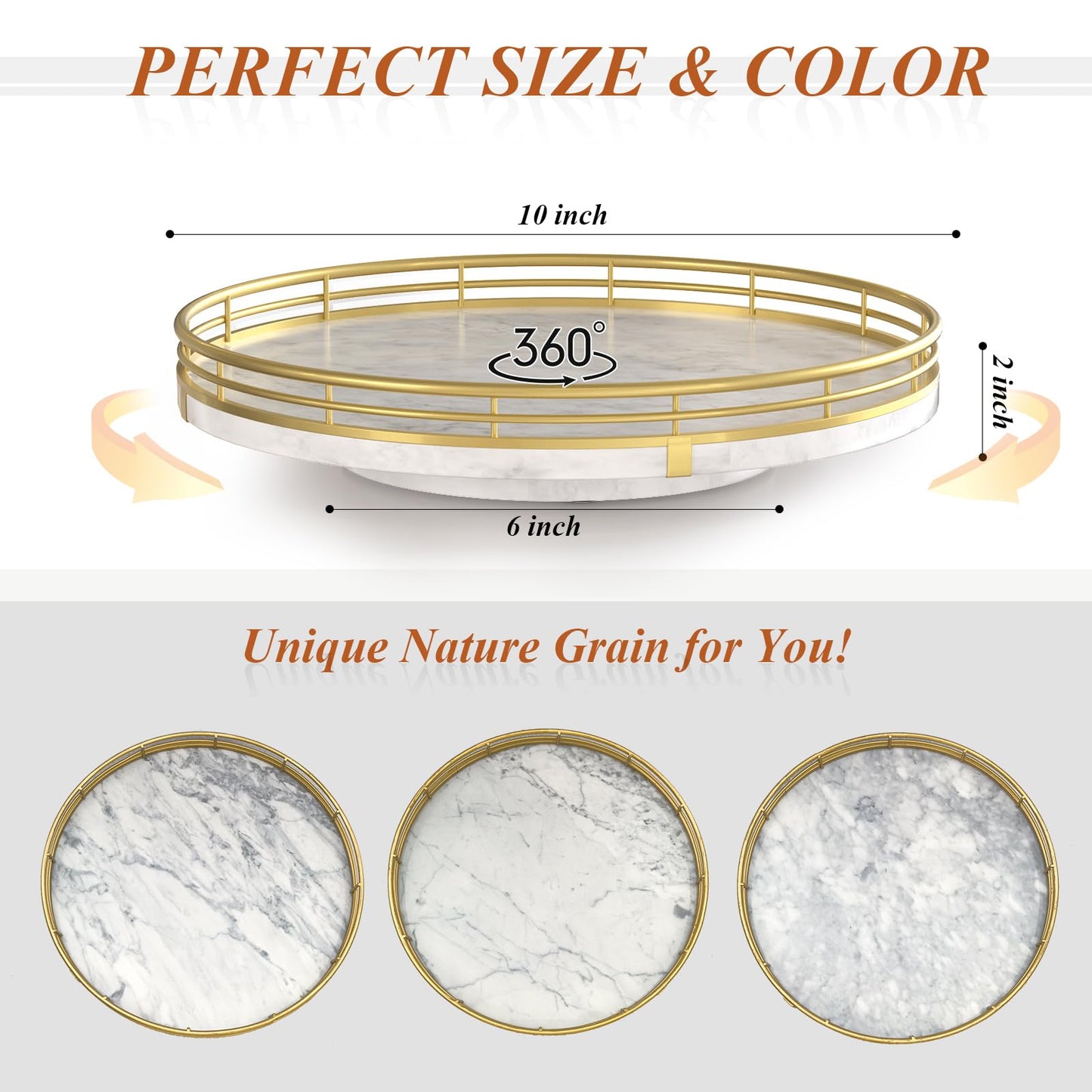 White Marble Lazy Susan Turntable for Table Top – 10” Round Marble Tray Organizer for Bathrroom, Vanity, Dining Table, Kitchen Countertop & Bar, Luxury Stone Serving Tray with Gold Frame