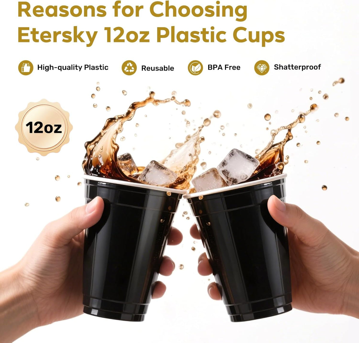 100PCS Black Plastic Cups, 12oz Disposable Party Cups Bulk, BPA Free Drink Cups for Soda Juice Beer Cocktail Cold Drinks Suitable for Wedding Halloween Thanksgiving Christmas Birthday Celebrations