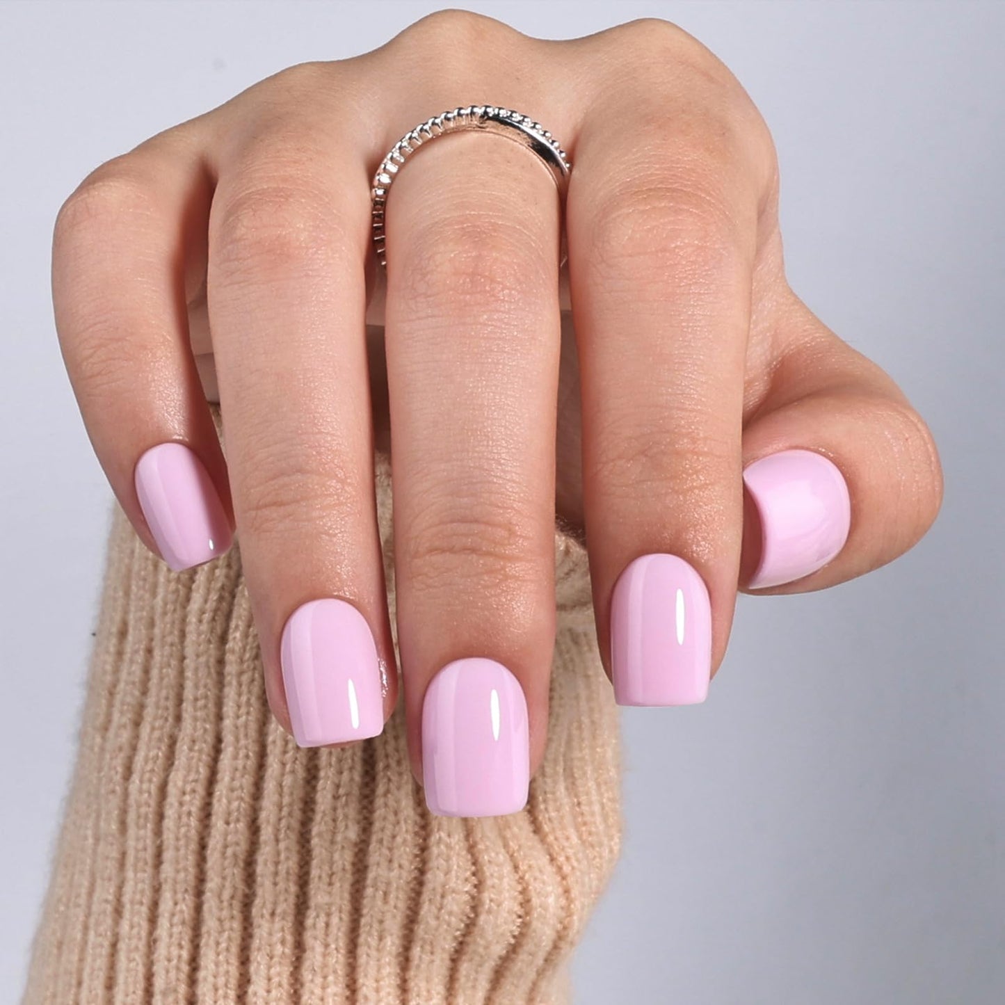 Pink Press On Nails Short Square - Solid Light Pink Glossy Fake Nails with Glue and Adhesive Tabs for Women, Reusable Press On Nail Kit, 30 PCS in 15 Sizes