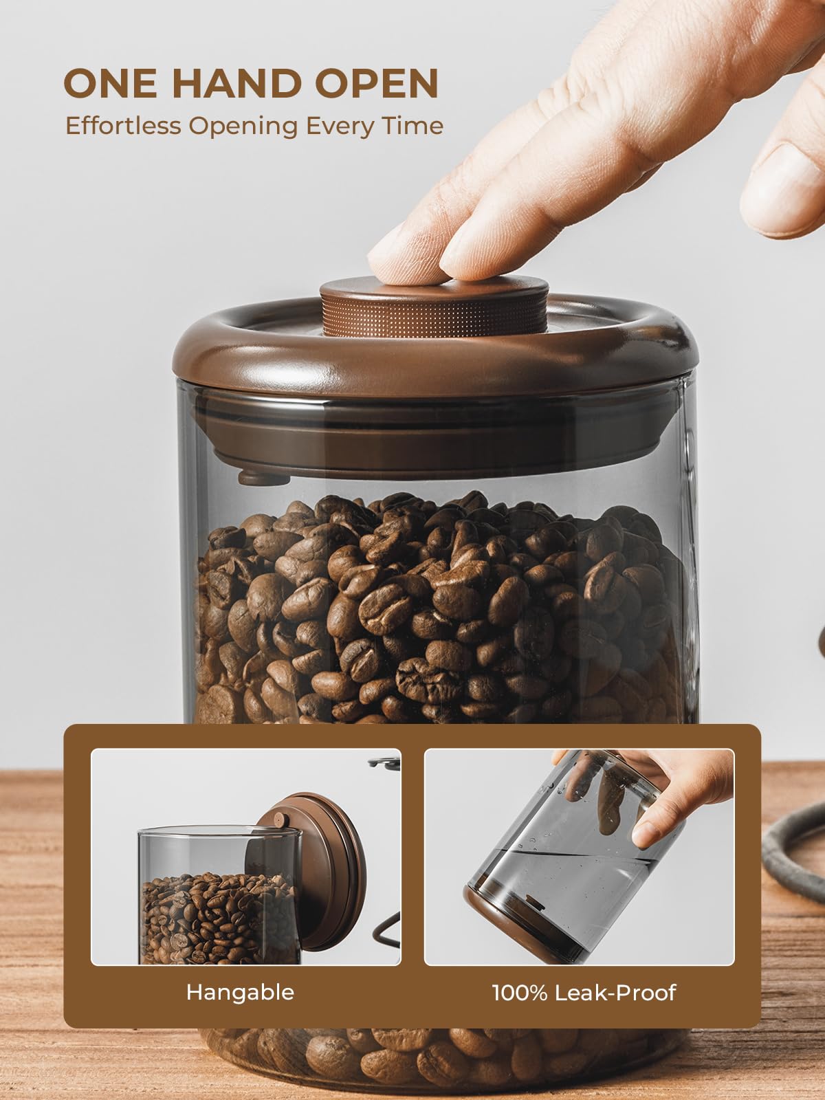 Tourdeus Ground Coffee Glass Container Airtight 10 oz – Pop Top Ground Coffee Canister with CO₂ Valve, 0.63lb Coffee Bean Container, UV Resistant