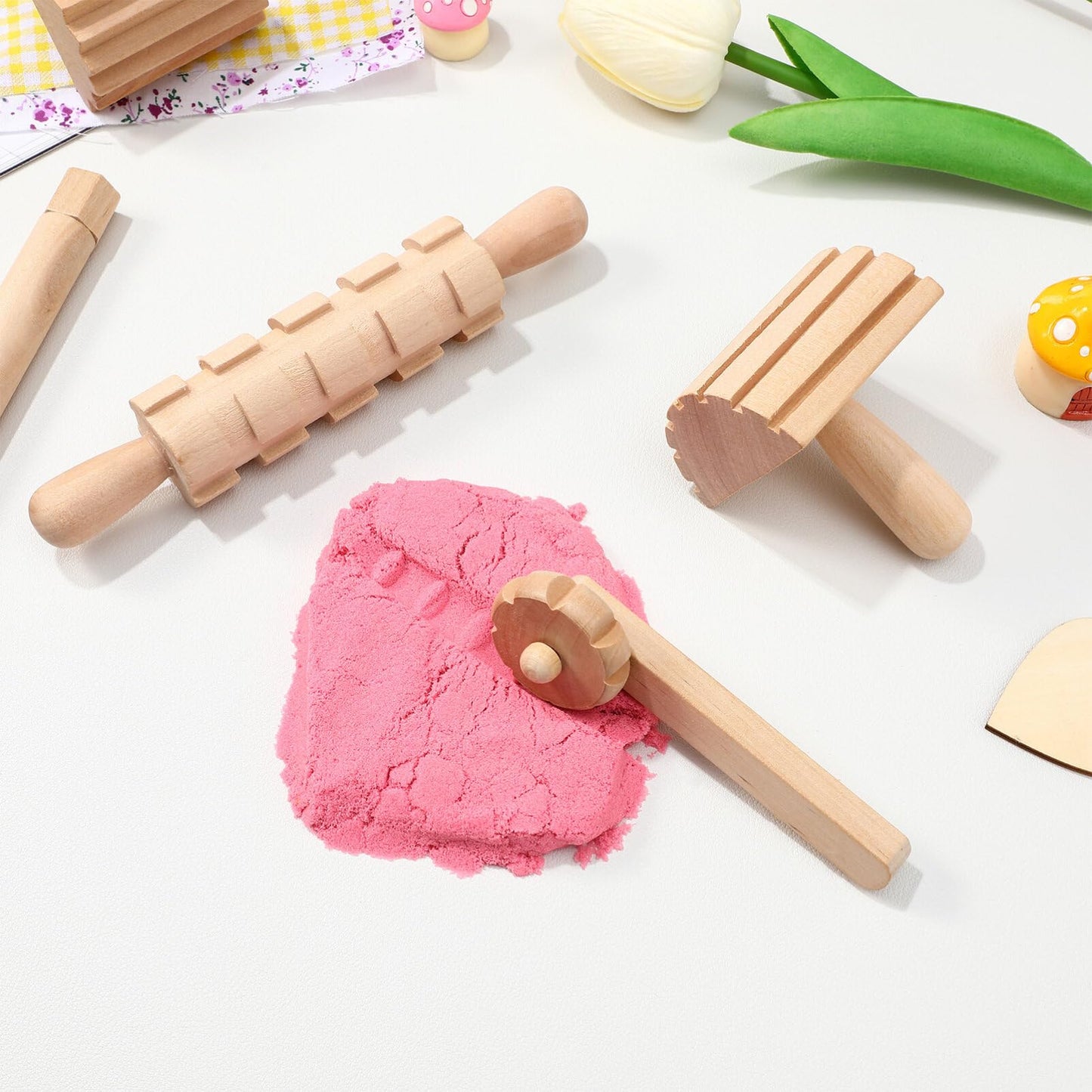 NUOBESTY Wooden Clay Tools Kids Wood Stamps Hand Rollers Plasticine Tools Pottery Molding Clay Accessories for Art DIY Crafts Activities 12pcs
