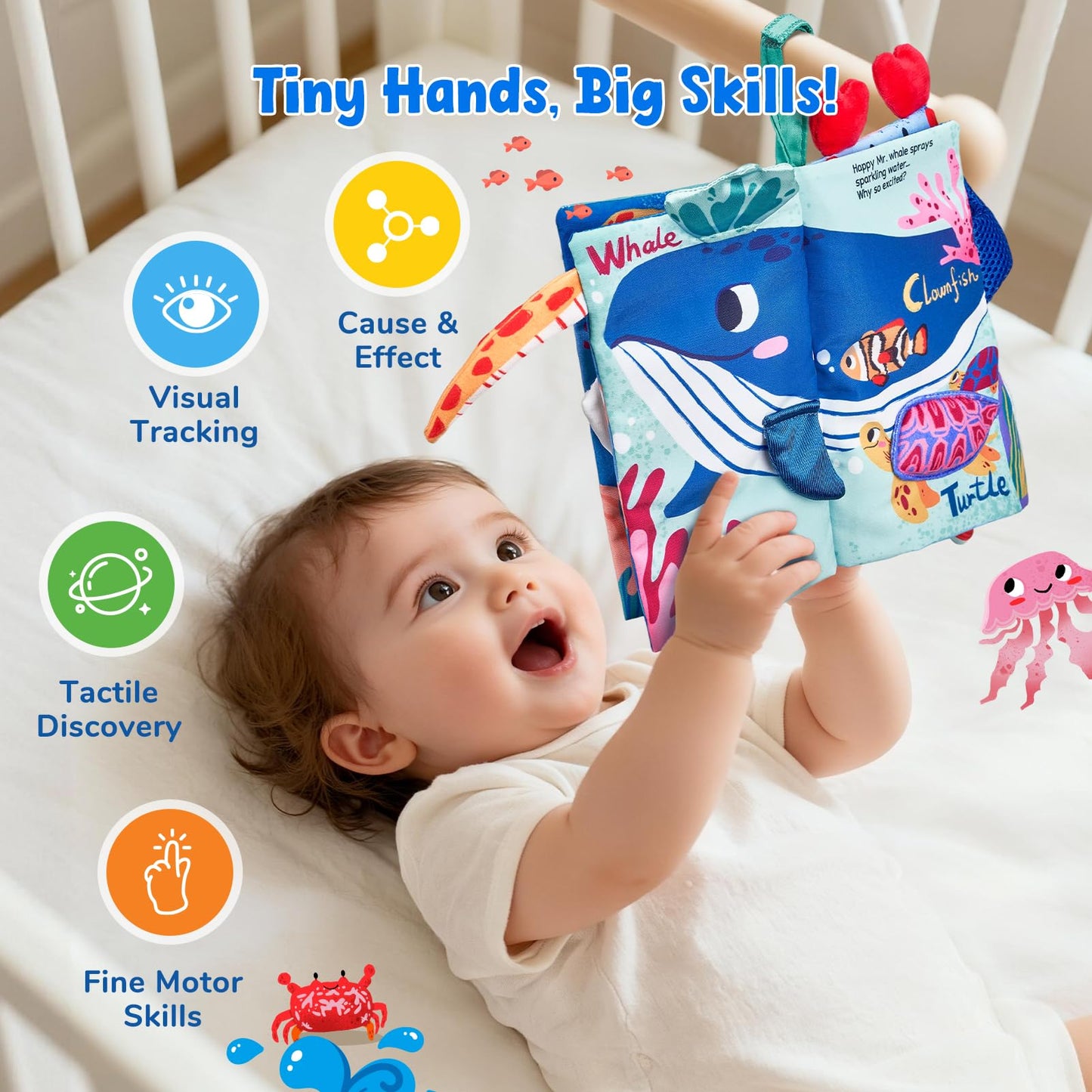 JoyCat Baby Books 0-6-12 Months - Ocean Tummy Time Toys Mirror - Montessori Sensory Activity Cloth Book with 3D Crab & Fish - Newborn Easter Basket Stuffers