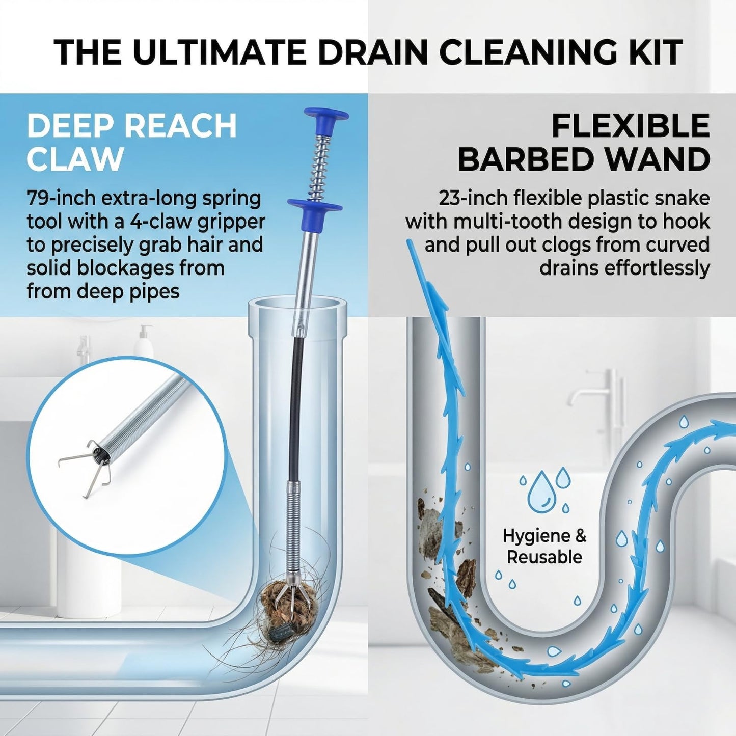 Drainage Snake, Drainage Cleaner, and Hair Removal Tool - Upgraded Version With Easier Pressing, Suitable for Toilet Unclogging, Sink, Shower, Flexible Drainage Snake - (23 inches, 79 inches)
