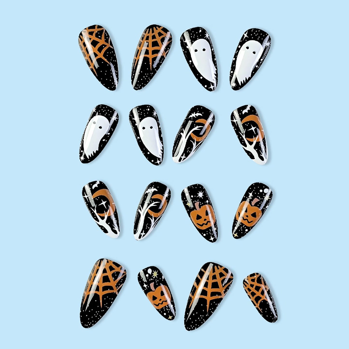 24 Pcs Halloween Press on Nails Almond Medium Fake Nails Halloween False Nails with Ghost & Pumpkin Design Fall Almond Nails Press ons Full Cover Reusable Stick on Nail for Women