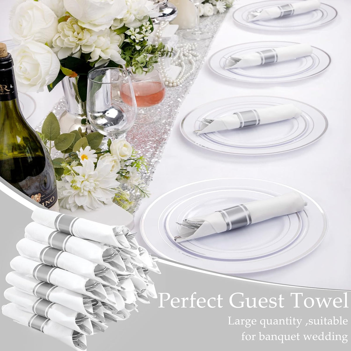 Supernal Pre Rolled Silver Plastic Silverware Set of 30 Wrapped Cutlery,Pre Rolled Napkins with Plastic Silverware Heavy Duty, Silver Disposable Forks and Spoons