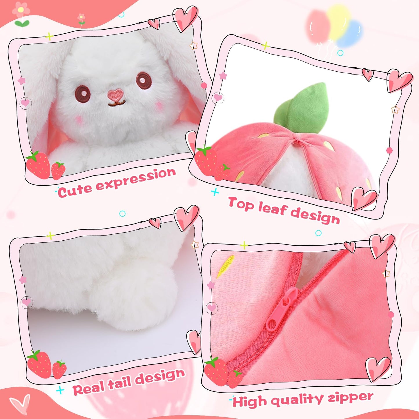 MIAODAM Bunny Stuffed Animal Reversible Cuddle Bunny Stuffed,Strawberry Bunny Transformed Rabbit Plush Zipper,Turns Into Ears Bunnies Plushies Toy Cute Stuffy Doll Easter