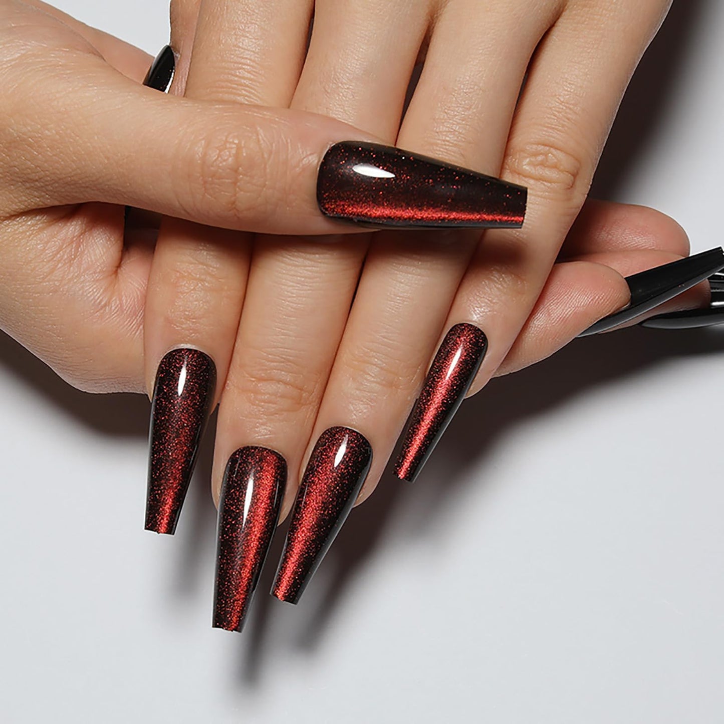 Handmade Press on Nails - Dark Red Fake Nails | Velvet Effect Design Acrylic Nails | Glossy,Glitter,Gradient Color,Reusable Long Nails | 12 Sizes - 24 Nail Kit with Jelly Glue