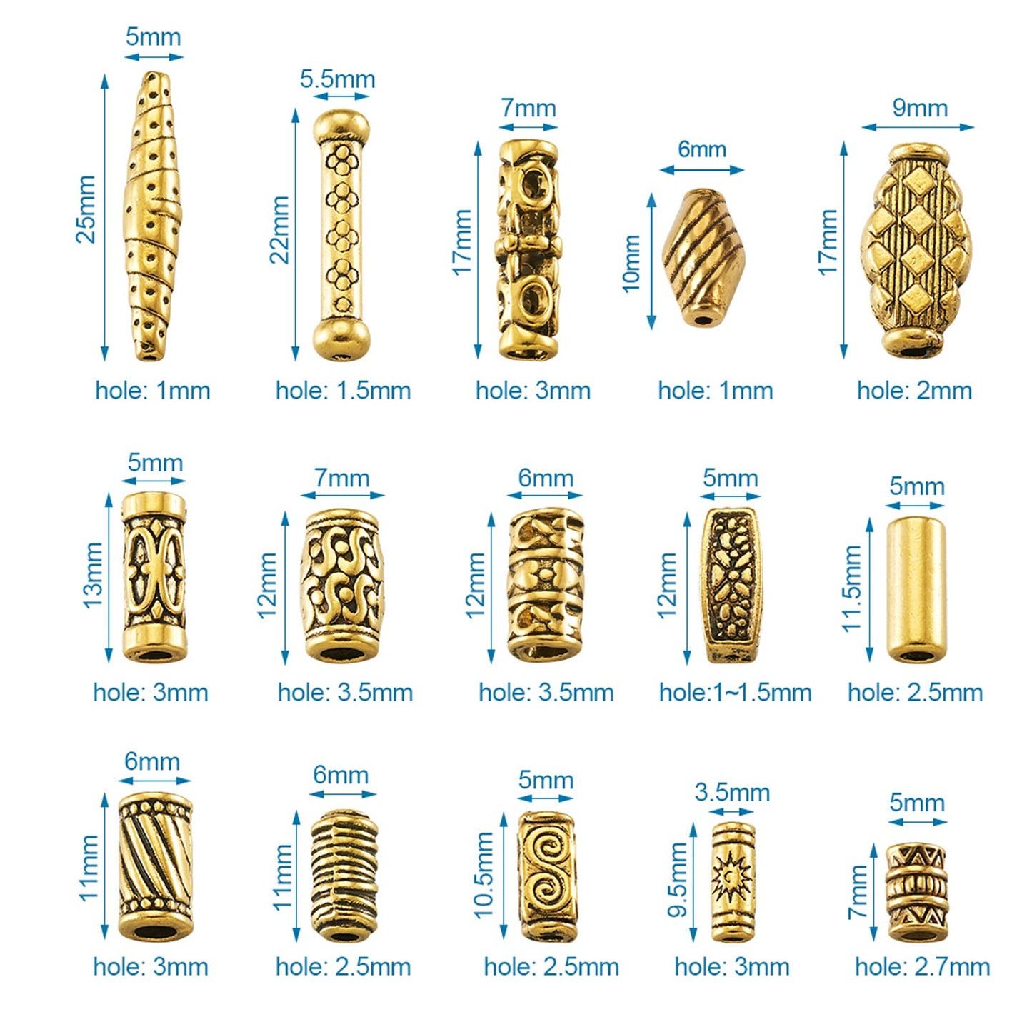 Craftdady 150Pcs Antique Gold Tube Bar Spacer Beads Tibetan Metal Column Barrel Drum Beads for Jewelry Crafts Making Hole:1-3.5mm