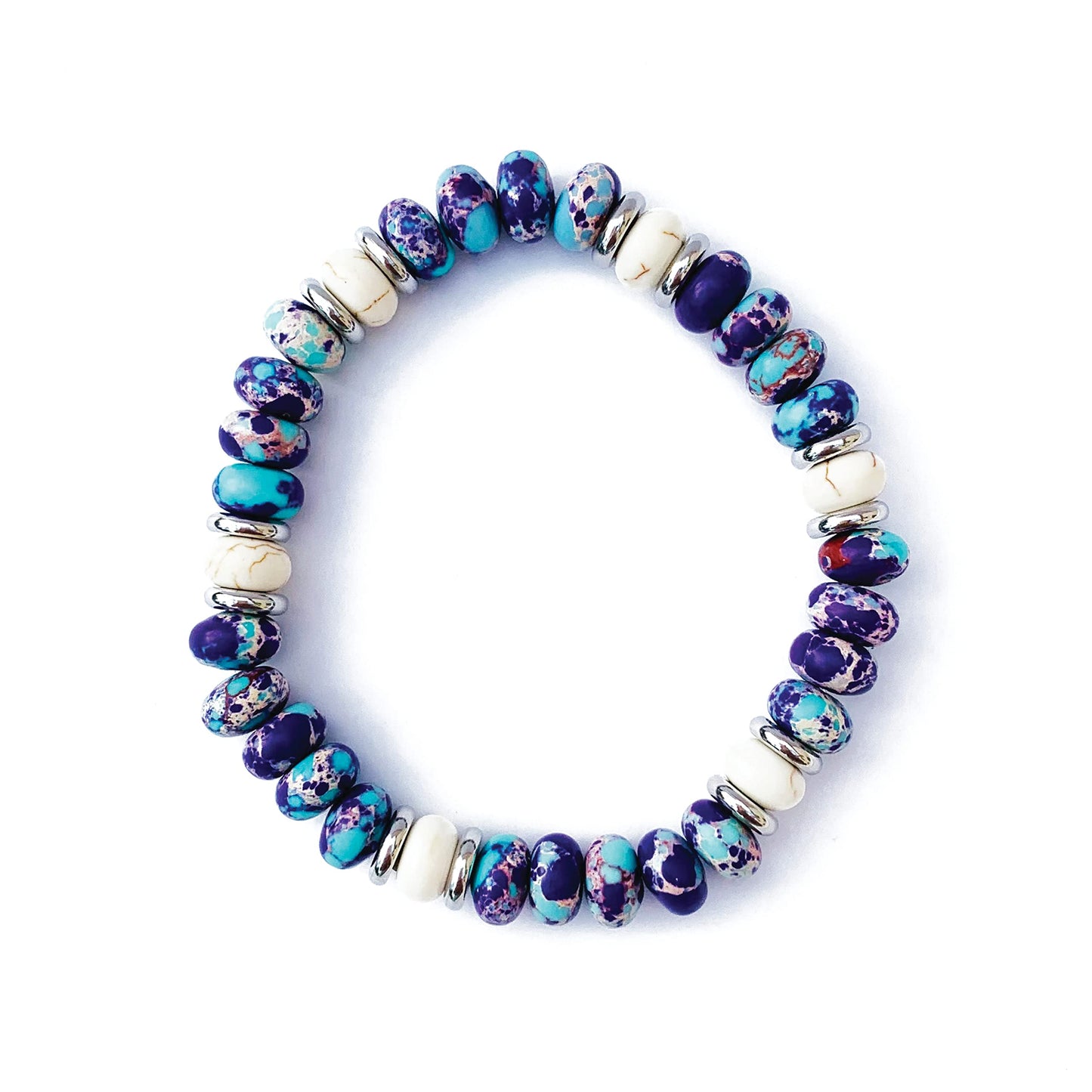 Joyfulmuze Purple and Blue Beaded Bracelets For Women, Emperor Turquoise and White Lava Marble Stone, Handmade Stretchable Multi Color Unisex Gift (Purple-Emperor+White-Marble-Lava)