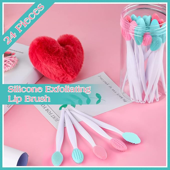 Patelai 24 Pcs Silicone Exfoliating Lip Scrub Brush with Container Double Sided Silicone Lip Scrubber Soft Cleaning Brush for Men Women Lightening for Dark Lips(Pink, Green)